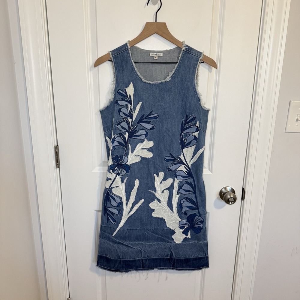Adore Women's Medium Denim Patch Work Sleeveless‎ Dress Floral Boho Floral Midi